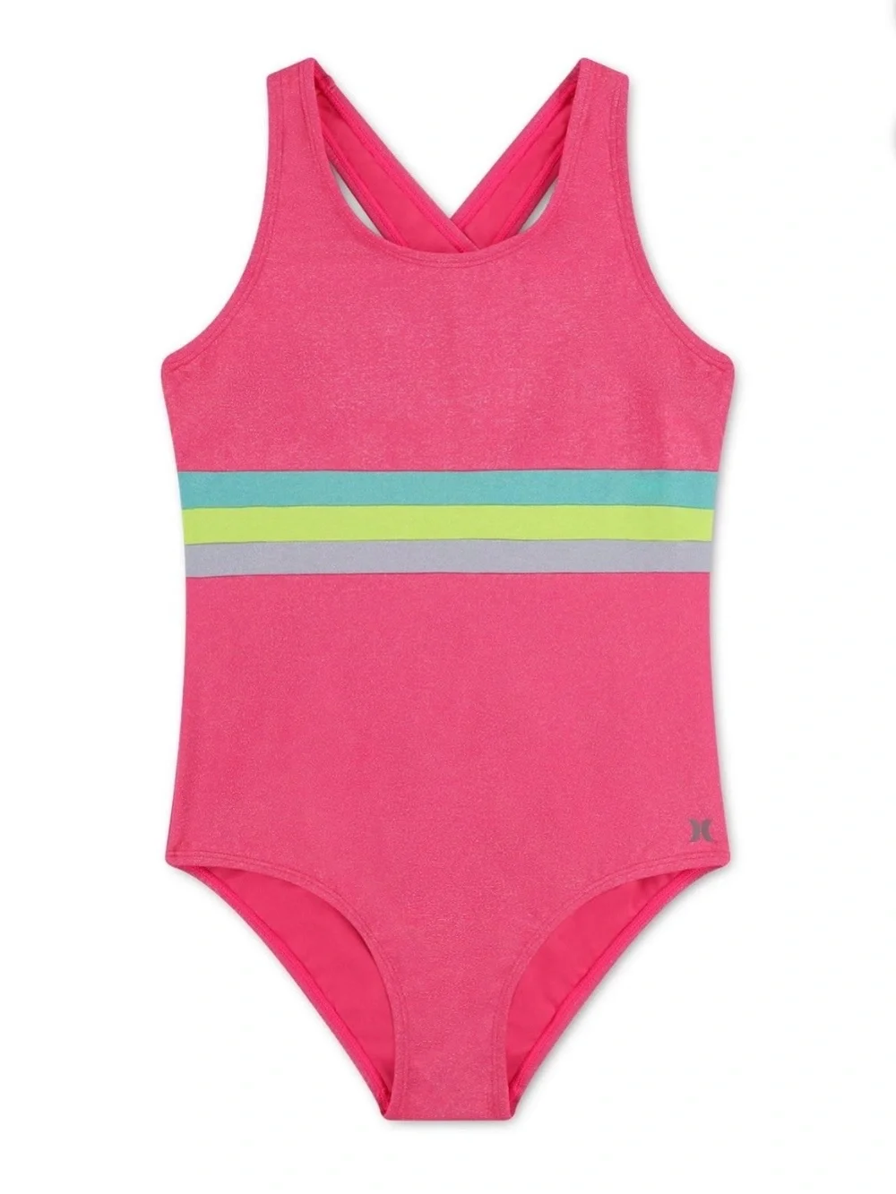 Hurley Pink One-Piece Swimsuit with Lime & Aqua Stripes